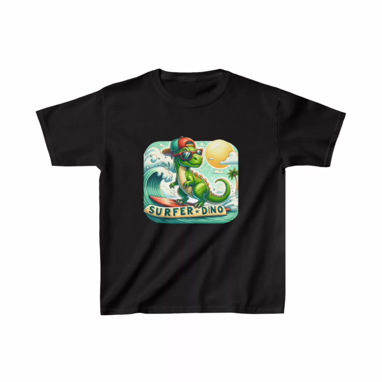 Cool Green Dino Riding Waves T-Shirt for Kids