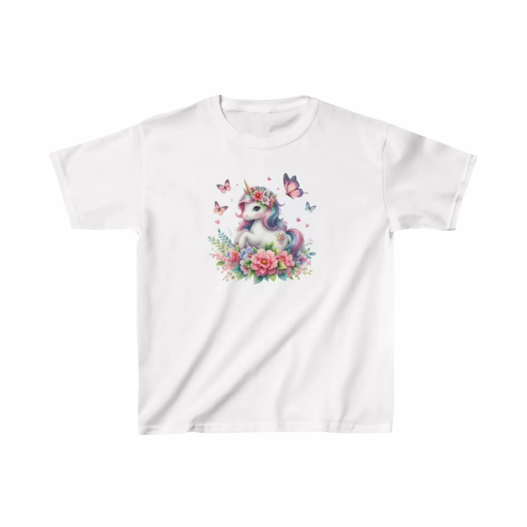Cute Girls Unicorn with Flowers and Butterflies T-Shirt