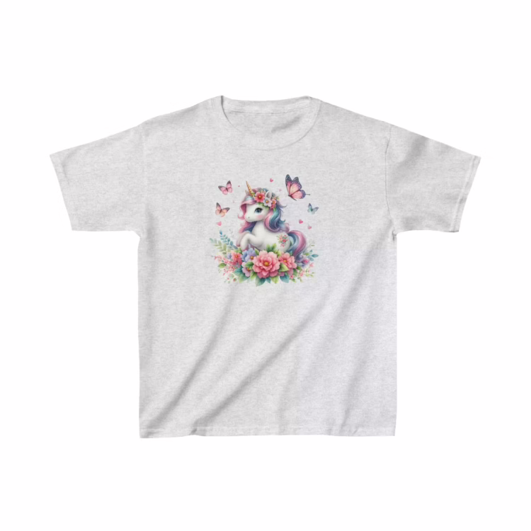 Cute Girls Unicorn with Flowers and Butterflies T-Shirt