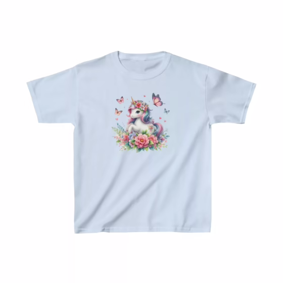 Cute Girls Unicorn with Flowers and Butterflies T-Shirt