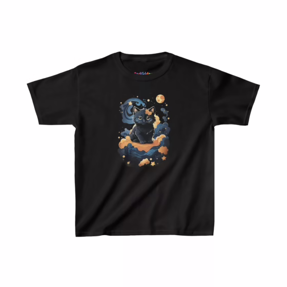 Cute Magical Cat Illustration Kid T-Shirt Black