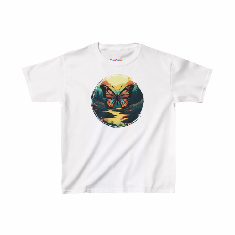 Girl Colorful Butterfly in the Forest Illustration Kid T-Shirt