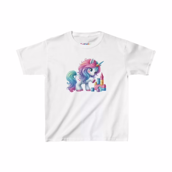 Girls Beautiful Unicorn Playing with Blocks Kids T-Shirt