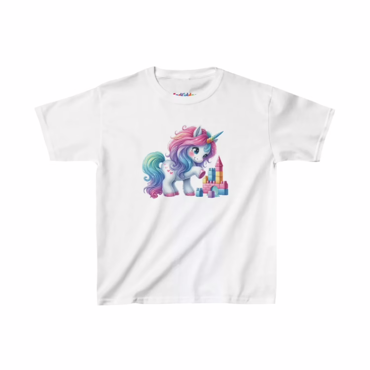 Girls Beautiful Unicorn Playing with Blocks Kids T-Shirt