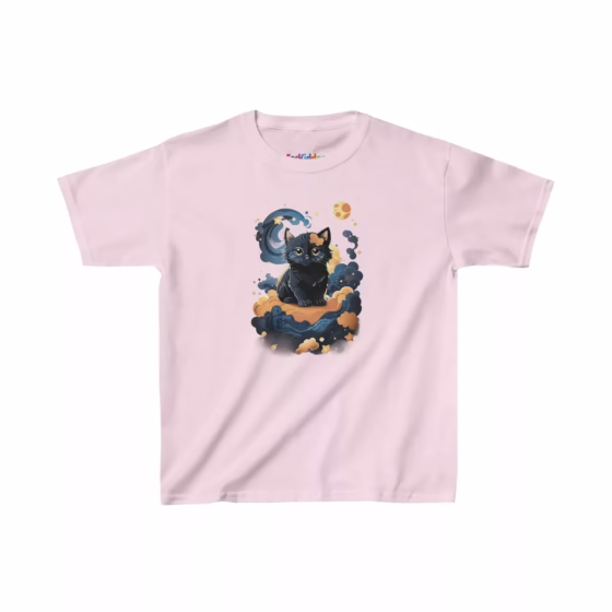 Cute Magical Cat Illustration Kid T-Shirt Pink