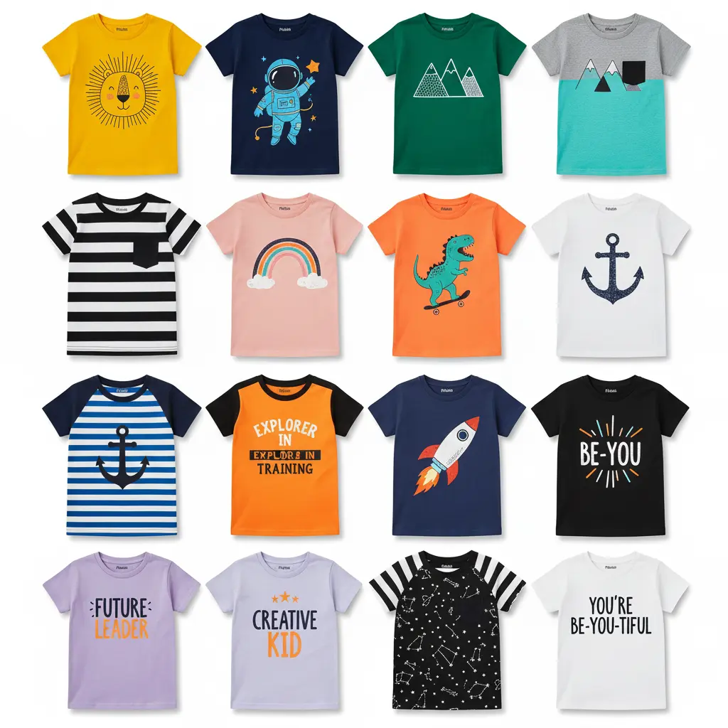 Choosing the Best T-Shirt Material for Kids: A Comprehensive Guide Variety of t shirt styles, colors and designs for kids.