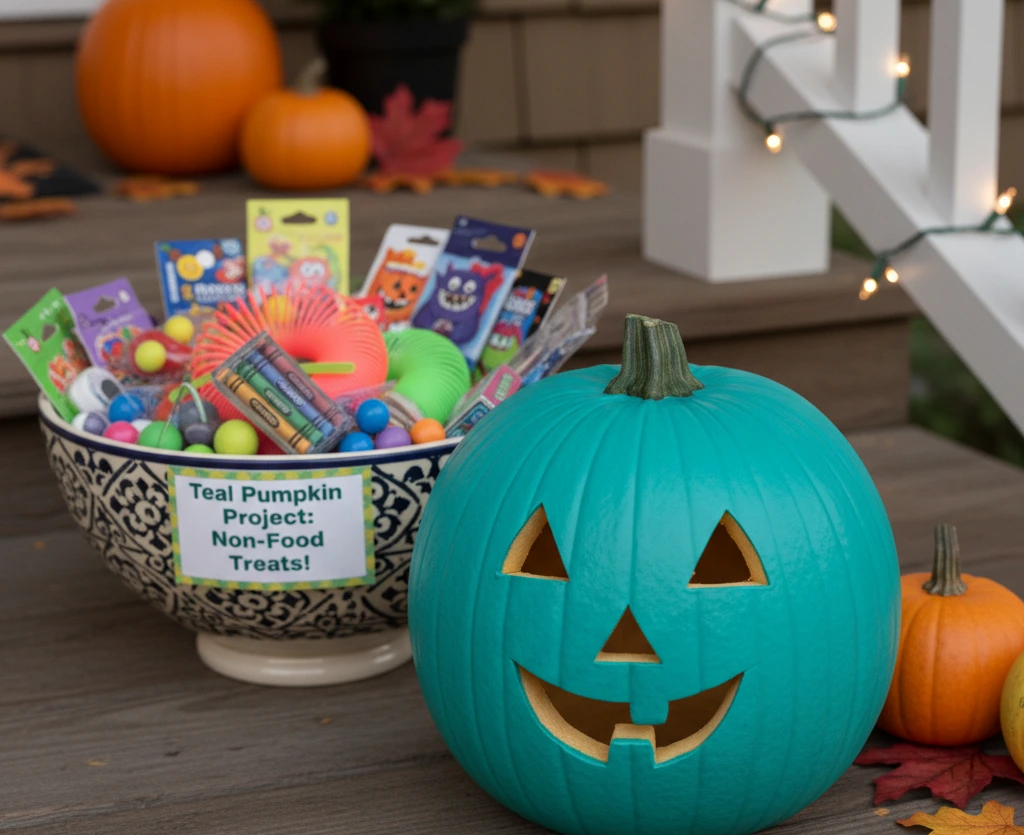 A teal pumpkin and non-food treats for Halloween.