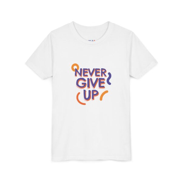 forkiddos "never give up" inspiring girls' t shirt