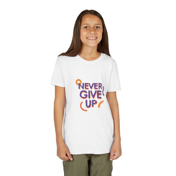 forkiddos "never give up" inspiring girls' t shirt