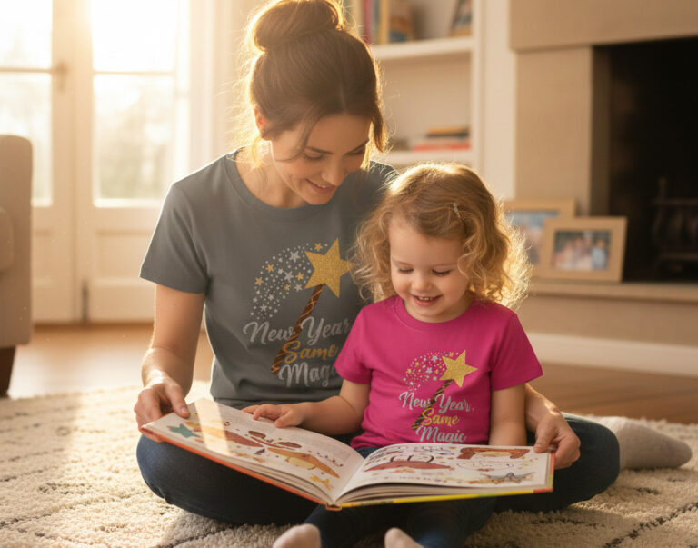A mother and daughter in matching or coordinating ForKiddos tees, sitting on a rug with a book, bathed in soft morning light.