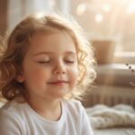 A close-up, high-detail photo of a toddler with healthy, soft skin wearing a white 100% cotton ForKiddos t-shirt, sitting in a cozy room with soft winter morning sunlight.