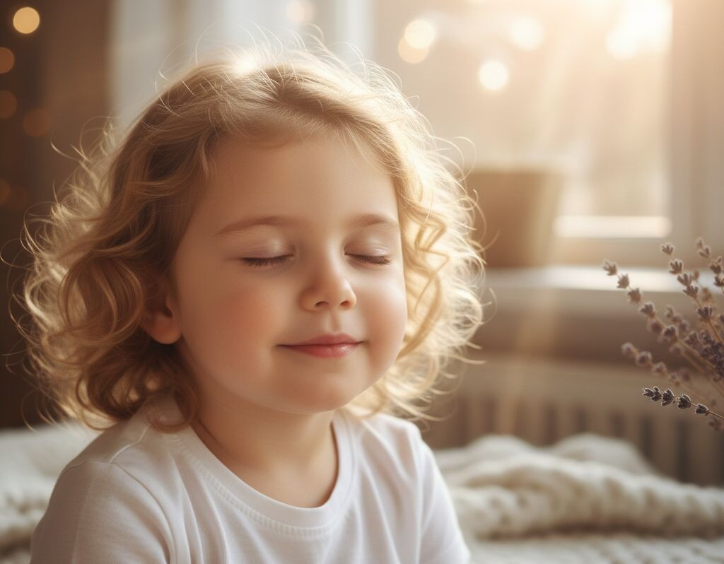 A close-up, high-detail photo of a toddler with healthy, soft skin wearing a white 100% cotton ForKiddos t-shirt, sitting in a cozy room with soft winter morning sunlight.